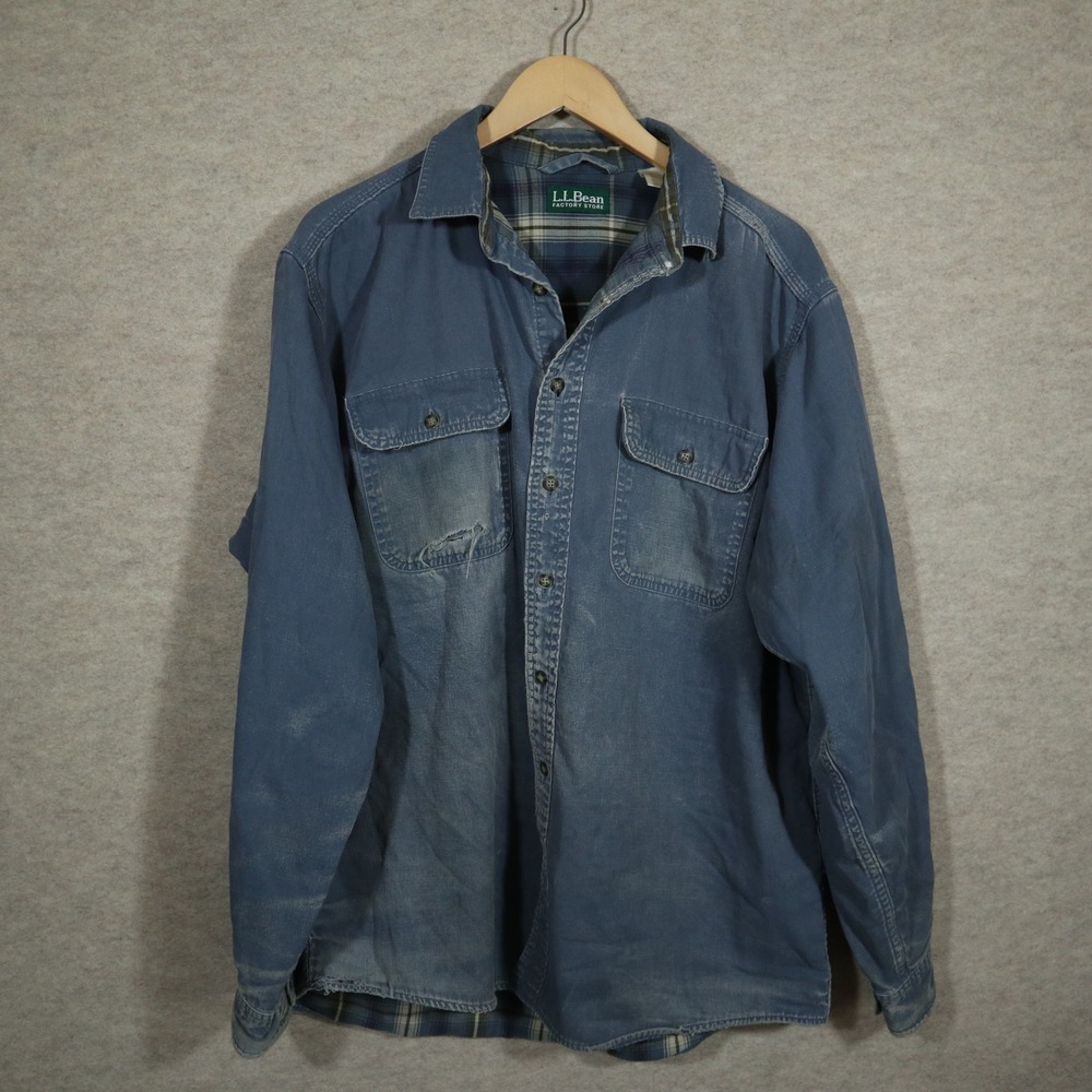 LL Bean Shirt Large Regular Blue Flannel Lined Cotton Twill Vintage Workwear L